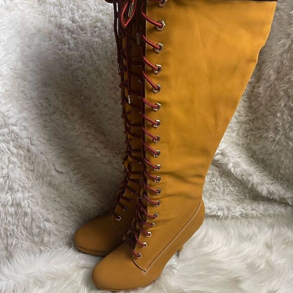 Bamboo Synthetic nubuck tan Combat knee high lace Up Stiletto Platform Boots SZ9 - Picture 4 of 12